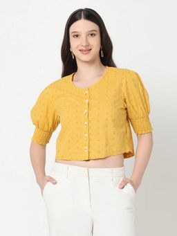 R&B - Cotton Cropped Puff Sleeves Women Yellow Crop Top