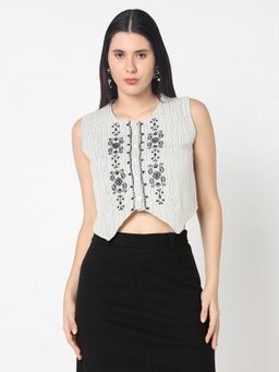 R&B - Off White Sleeveless Embroidered Asymmetric Hem Women Crop Top