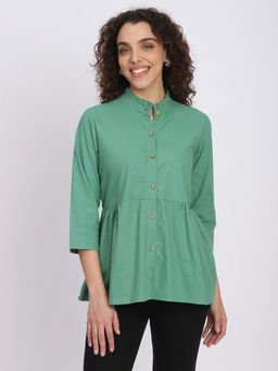 R&B - Cotton Peplum Solid Ruffled Neckline Women Green Top