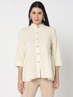 R&B - Cotton Peplum Solid Ruffled Neckline Women Off White Top