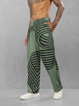 BULLMER - Olive Trendy Printed Cotton Blend Relaxed Fit Trackpant