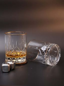 Smokey Cocktail - Diamond Cut Whiskey Glass with Gold Rim (Pack of 2)