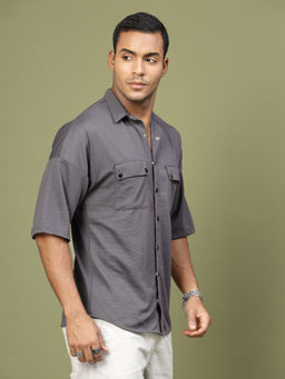 RIGO - Men Charcoal Poly Corduroy Oversized Utility Shirt