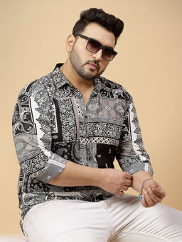 RIGO - Men Black Floral Printed Cut Away Collar Full Sleeve Shirt