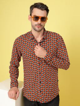 RIGO - Men Black and Orange Geometric Printed Rayon Shirt