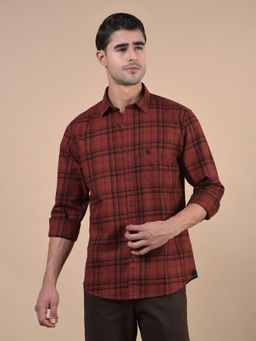 Cantabil - Men Checkered Red Full Sleeves Spread Collar Casual Shirt