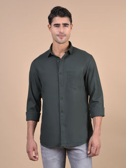 Cantabil - Men Self Design Olive Full Sleeves Spread Collar Casual Shirt