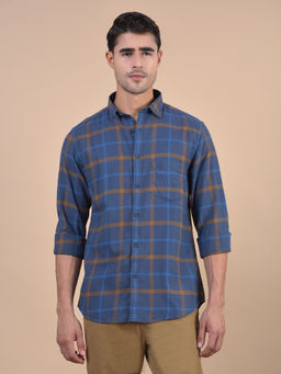 Cantabil - Men Checkered Navy Blue Full Sleeves Spread Collar Casual Shirt