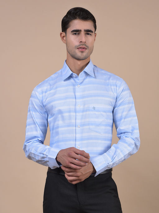 Cantabil Men Striped Sky Blue Full Sleeves Spread Collar Formal Shirt