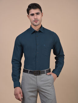 Cantabil - Men Self Design Teal Full Sleeves Spread Collar Formal Shirt