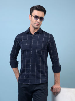CRIMSOUNE CLUB - Men Navy Blue Checked Cotton Shirt