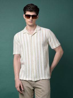 CRIMSOUNE CLUB - Men Beige Jacquard Resort Collar Shirt