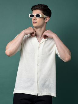 CRIMSOUNE CLUB - Men Cream Jacquard Resort Collar Shirt