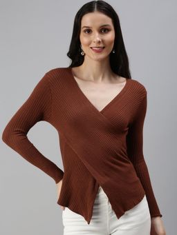 SHOWOFFFF - Women's Solid Wrap Brown V-neck Top