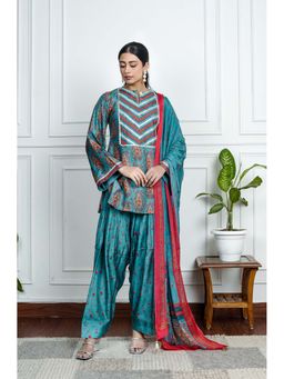 House of Surkh - Blue Printed Dola Silk Kurta with Salwar & Dupatta