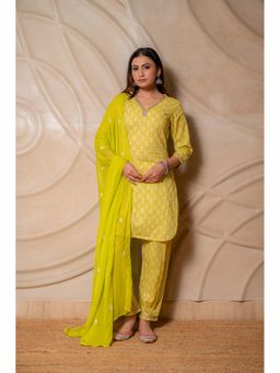 LABEL MAE - Lime Yellow Printed Kurta with Salwar and Dupatta