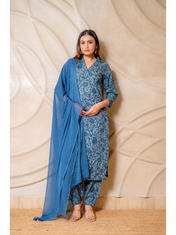LABEL MAE - Blue Floral Printed Cotton Kurta with Salwar & Dupatta