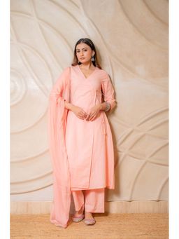 LABEL MAE - Peach Solid Cotton Wrap Style Angarkha with Pant and Dupatta