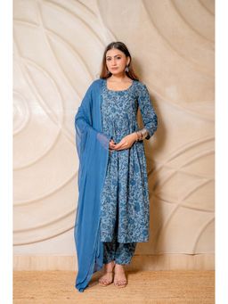 LABEL MAE - Steel Blue Floral Printed Kurta with Salwar and Dupatta