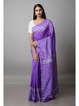 Unnati Silks - Purple Pure Block Printed Chanderi Sico Saree with Unstitched Blouse