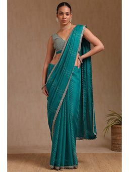 Soch - Women Teal Organza Printed Saree with Unstitched Blouse Piece