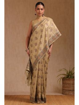 Soch - Women Beige Tussar Woven Saree with Unstitched Blouse Piece