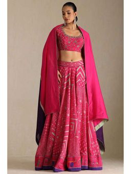 Soch - Womens Fuchsia Viscose Embroidered Ghagra Choli and Dupatta (Set of 3)