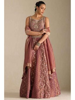 Soch - Womens Onion Pink Viscose Embroidered Ghagra Choli and Dupatta (Set of 3)