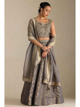 Soch - Womens Grey Viscose Embroidered Ghagra Choli and Dupatta (Set of 3)