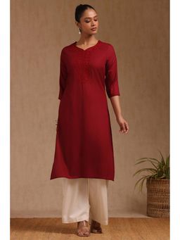 Soch - Womens Maroon Rayon Embroidered Kurta