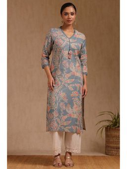 Soch - Womens Powder Blue Linen Floral Print Kurta