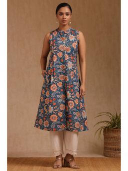 Soch - Womens Teal Cotton Floral Print Kurta with Pair Of Unstitched Sleeves
