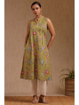Soch - Womens Olive Cotton Flex Floral Print Kurta with Pair Of Unstitched Sleeves