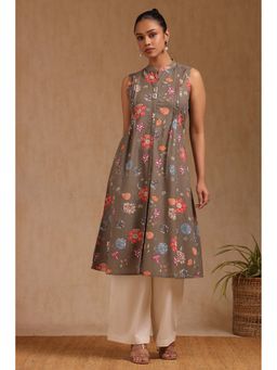 Soch - Womens Earth Cotton Flex Floral Print Kurta with Pair Of Unstitched Sleeves