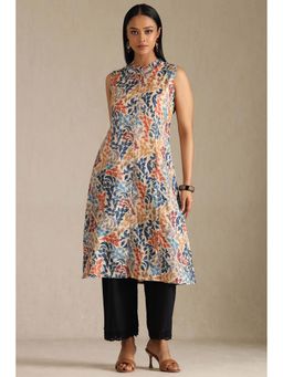 Soch - Womens Multi-Color Linen Botanical Print Kurta with Pair Of Unstitched Sleeves