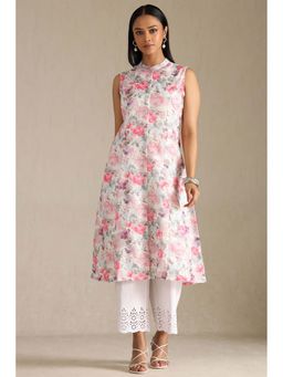 Soch - Womens Multi-Color Linen Floral Print Kurta with Pair Of Unstitched Sleeves