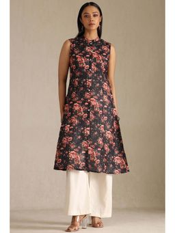 Soch - Womens Black Linen Floral Print Kurta with Pair Of Unstitched Sleeves
