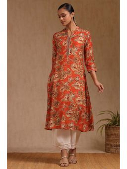 Soch - Womens Orange Silk Berry Floral Print Kurta