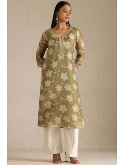 Soch - Womens Olive Tissue Floral Print Kurta