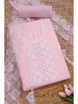 Soch - Womens Pink Chanderi Embroidered Unstitched Suit (Set of 3)