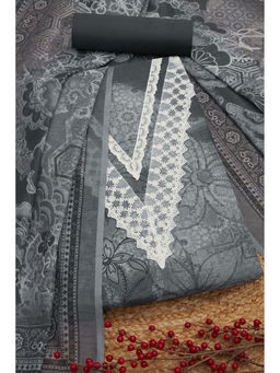 Soch - Womens Charcoal Linen Floral Print Unstitched Suit (Set of 3)