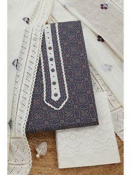 Soch - Womens Navy Blue Cotton Ethnic Motifs Unstitched Suit (Set of 3)