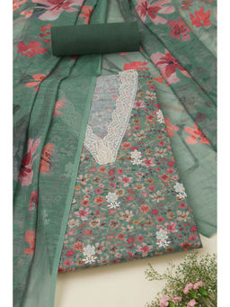 Soch - Womens Teal Linen Floral Print Unstitched Suit (Set of 3)