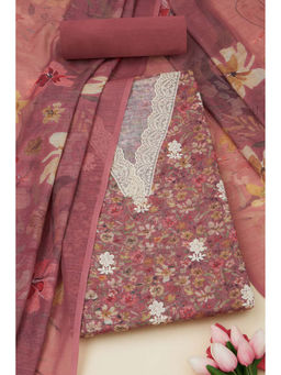 Soch - Womens Onion Pink Linen Floral Print Unstitched Suit (Set of 3)