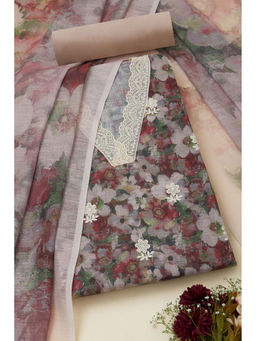 Soch - Womens Maroon Linen Floral Print Unstitched Suit (Set of 3)