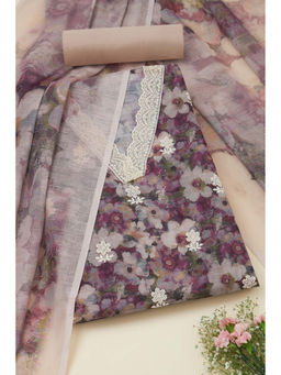 Soch - Womens Purple Linen Floral Print Unstitched Suit (Set of 3)