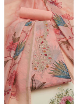 Soch - Womens Peach Chanderi Floral Print Unstitched Suit (Set of 3)
