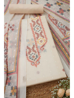 Soch - Womens Cream Linen Ethnic Motifs Unstitched Suit (Set of 3)