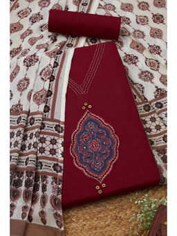 Soch - Womens Maroon Cotton Ethnic Motifs Unstitched Suit (Set of 3)