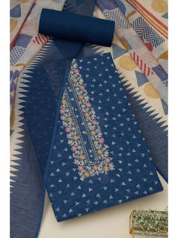 Soch - Womens Indigo Linen Geometric Print Unstitched Suit (Set of 3)